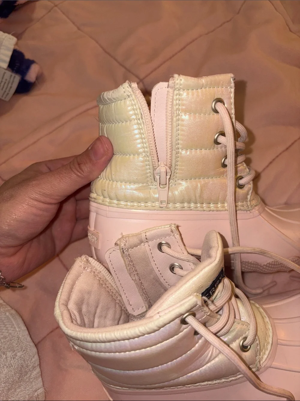 Sperry Girls' Light Pink Lace-Up Duck Rain Boots